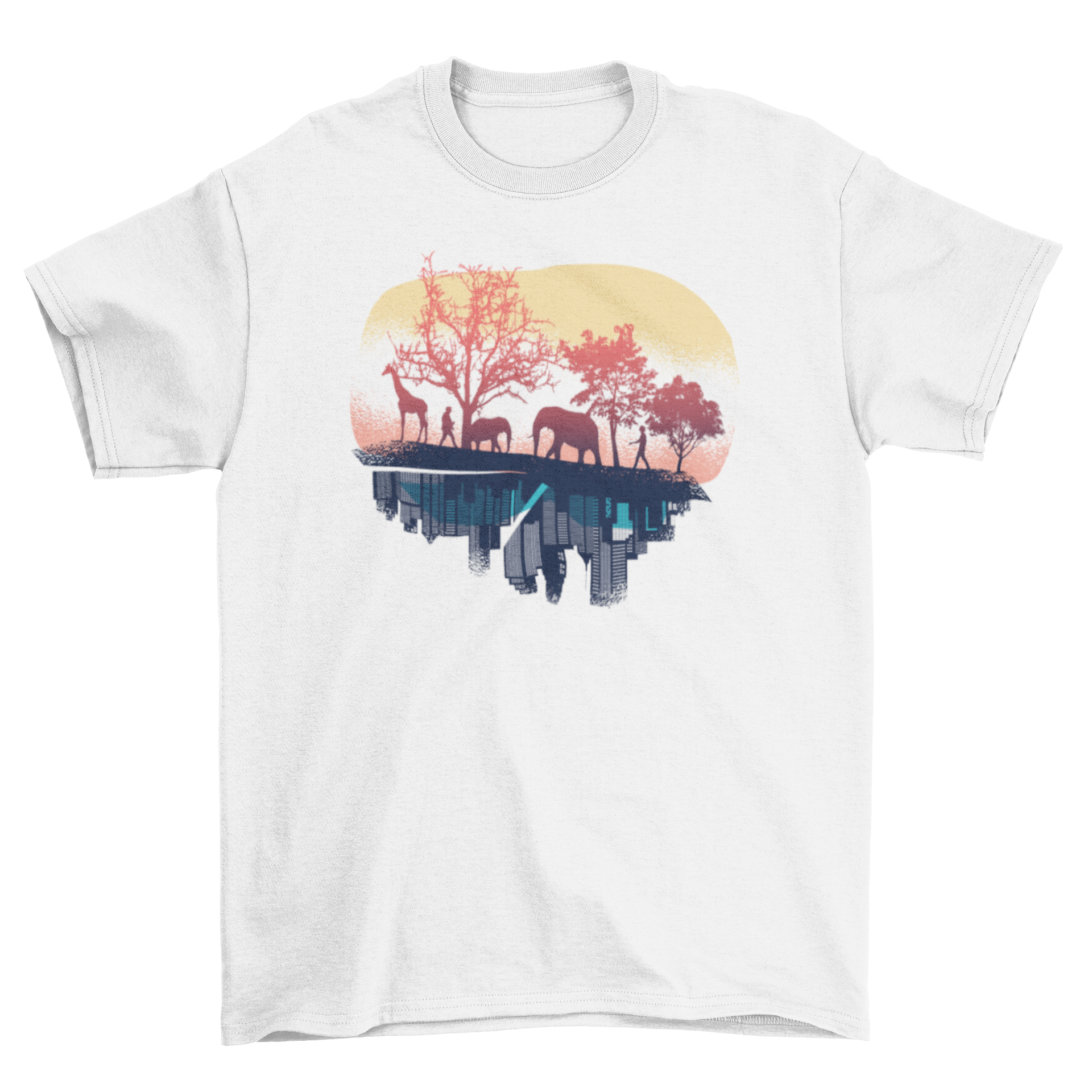 Nature and City T-shirt featuring savanna landscape with trees and animals alongside a city skyline reflection.