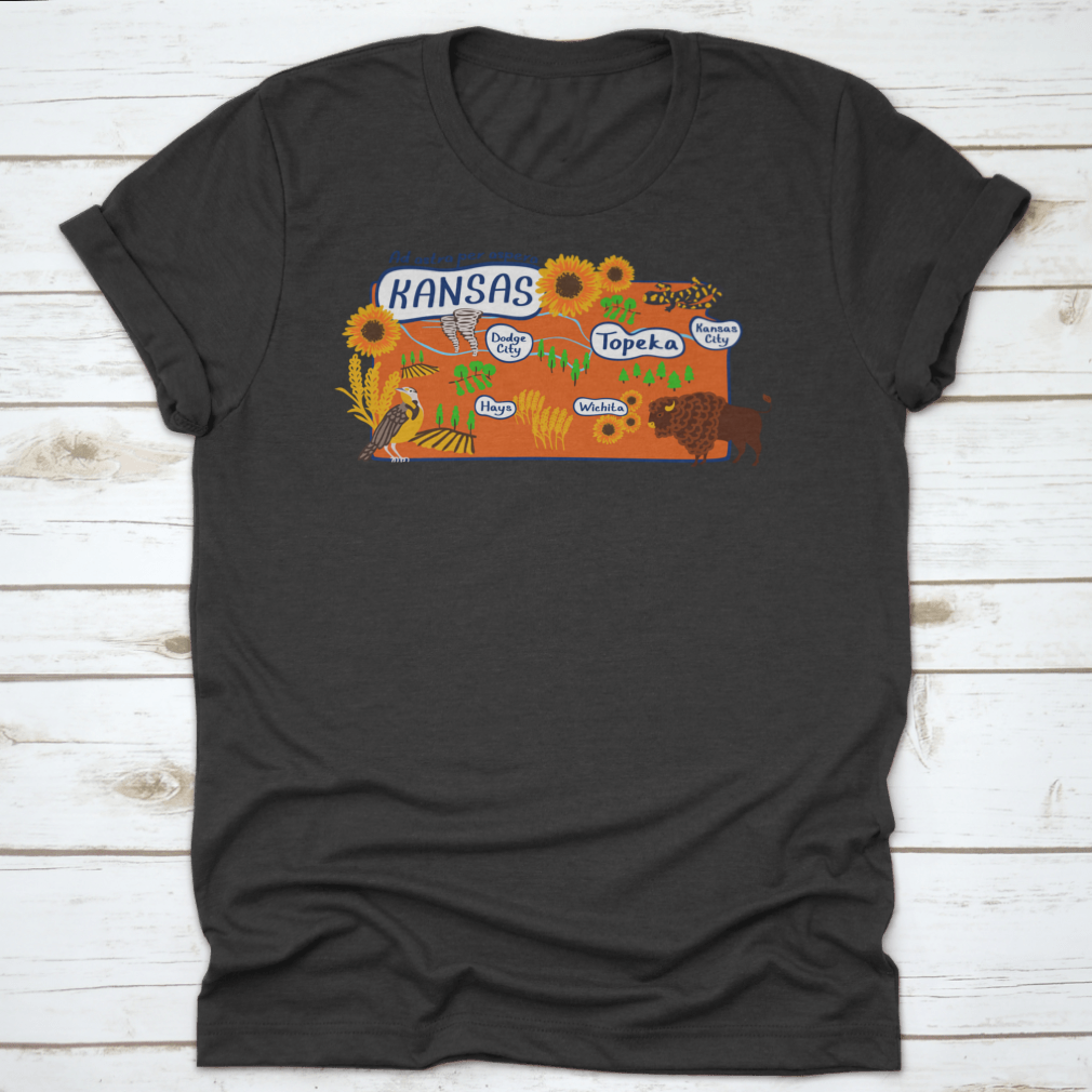 Cartoon style illustration of the Kansas State Map, showcasing vibrant colors and playful design elements.