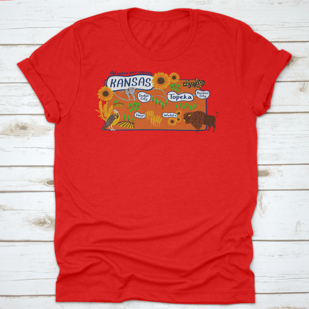 Cartoon style illustration of the Kansas State Map, showcasing vibrant colors and playful design elements.