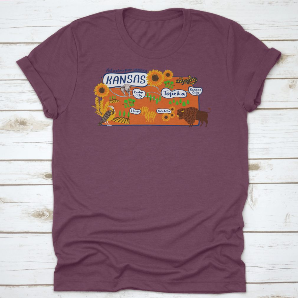 Cartoon style illustration of the Kansas State Map, showcasing vibrant colors and playful design elements.