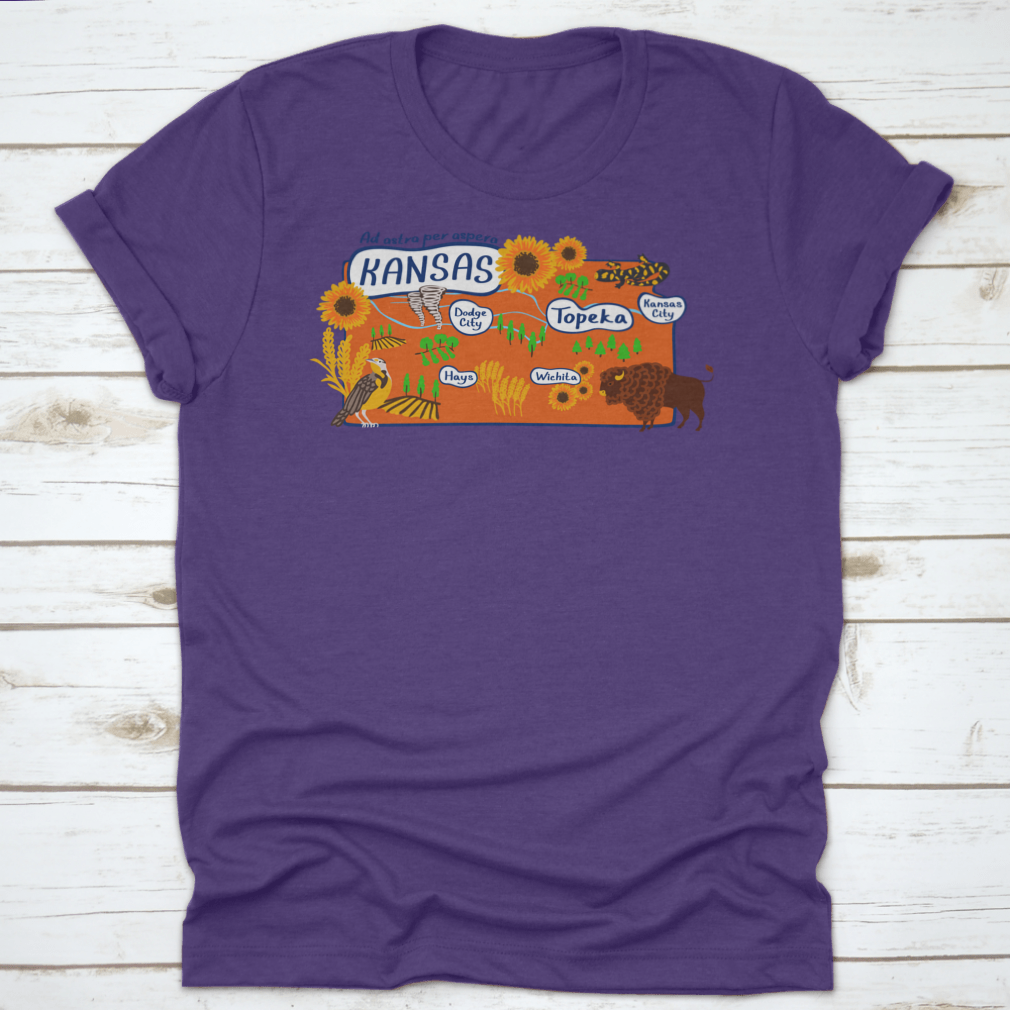 Cartoon style illustration of the Kansas State Map, showcasing vibrant colors and playful design elements.