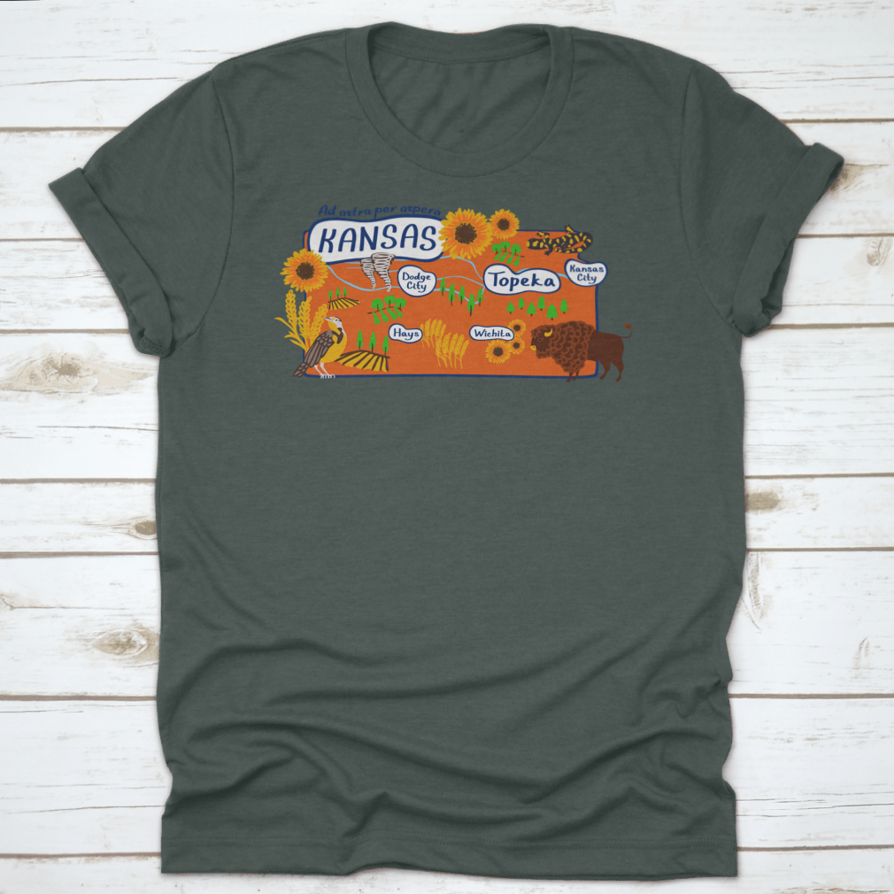 Cartoon style illustration of the Kansas State Map, showcasing vibrant colors and playful design elements.