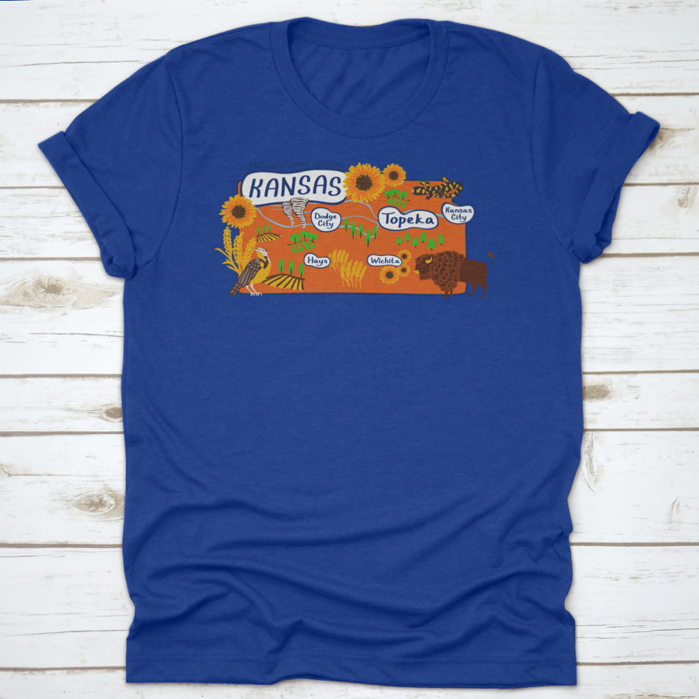 Cartoon style illustration of the Kansas State Map, showcasing vibrant colors and playful design elements.