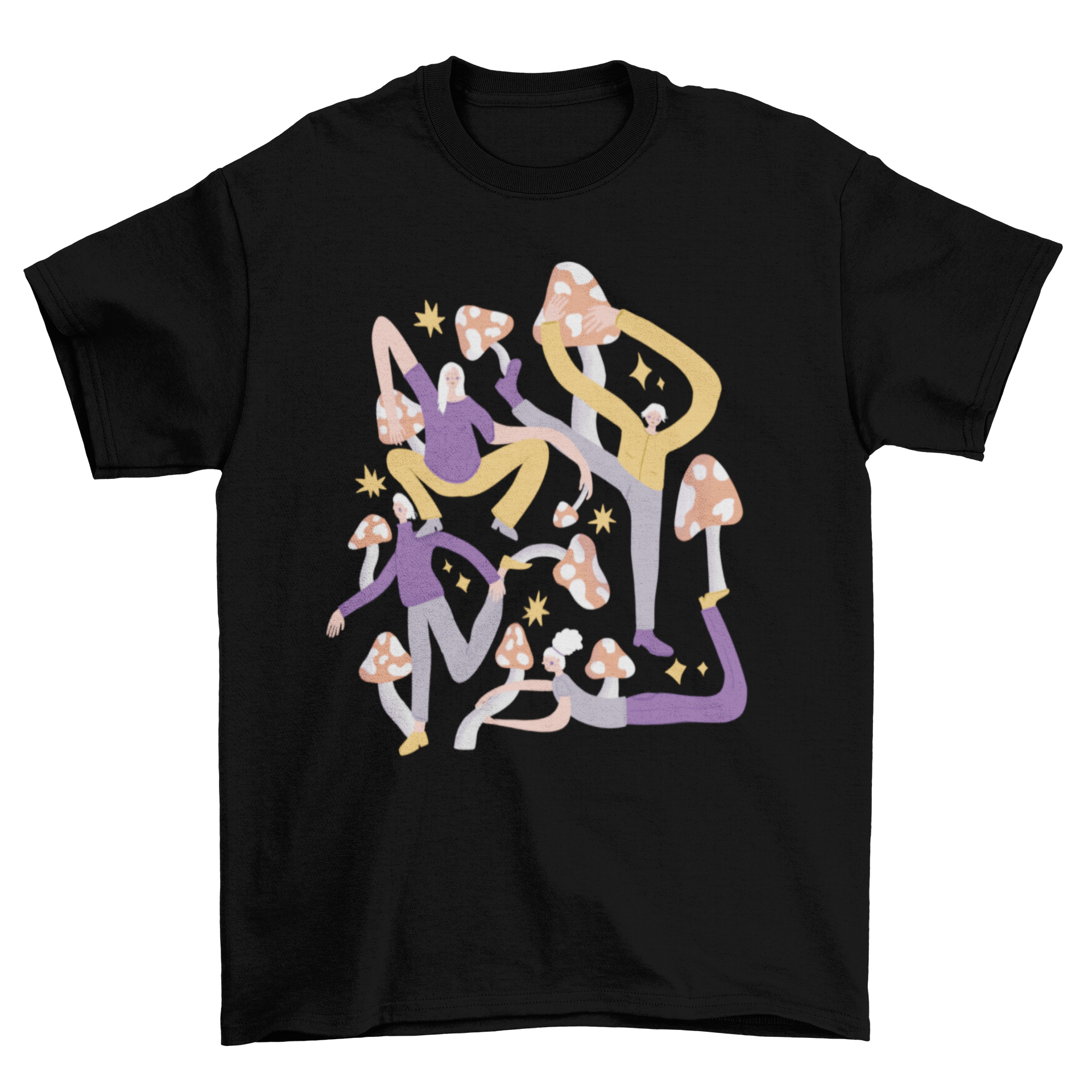 A stylish t-shirt featuring a unique print of people intertwined with mushrooms, showcasing a blend of nature and art.