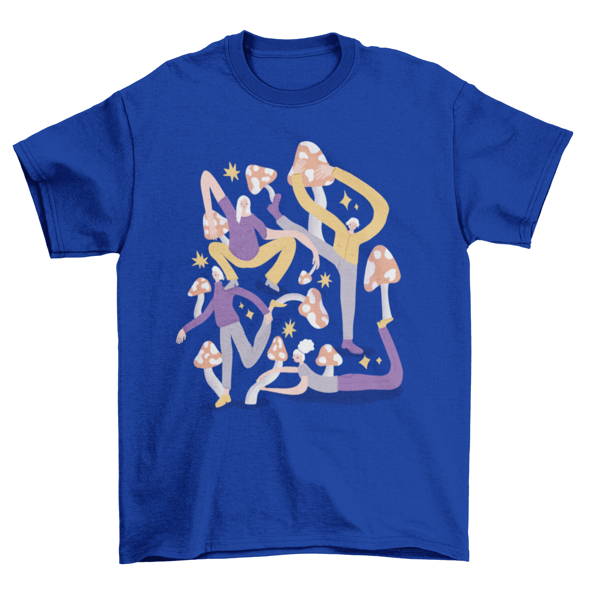 A stylish t-shirt featuring a unique print of people intertwined with mushrooms, showcasing a blend of nature and art.