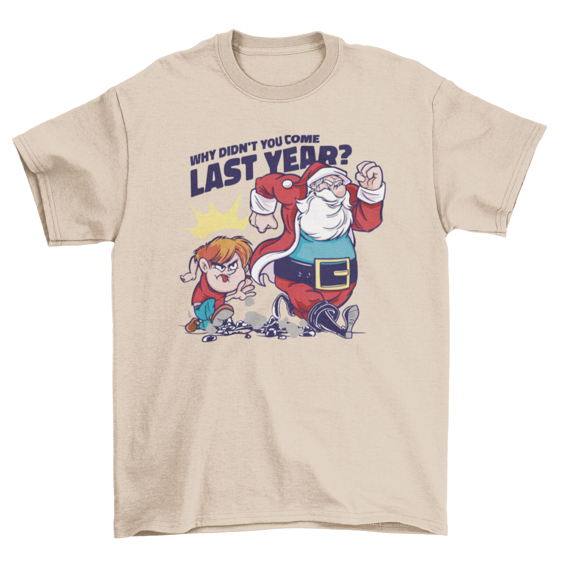 A playful Christmas t-shirt featuring Santa Claus and a naughty boy with the quote 'Why didn't you come last year?'