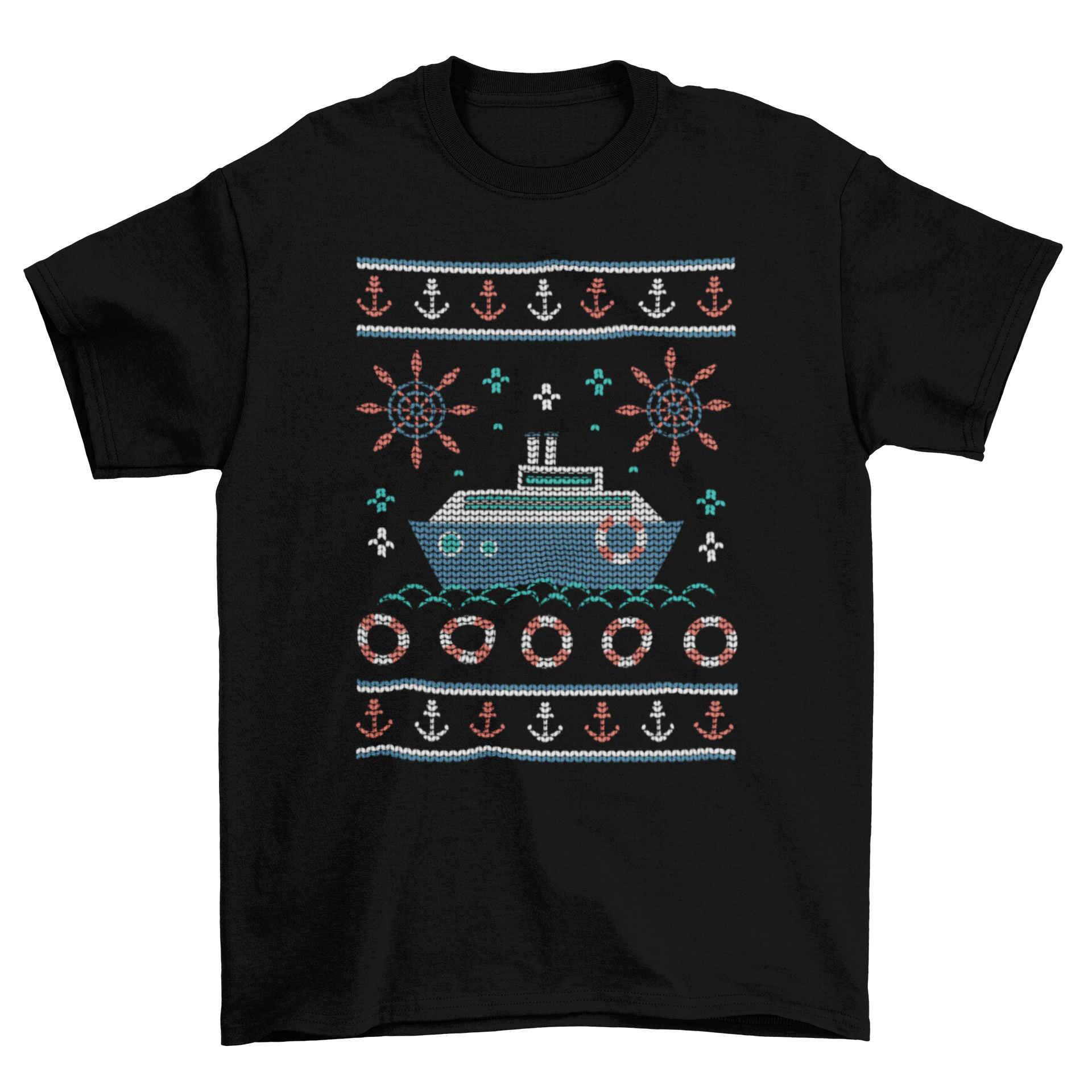 Nautical ugly sweater t-shirt featuring a ship and festive nautical elements in a Christmas design.