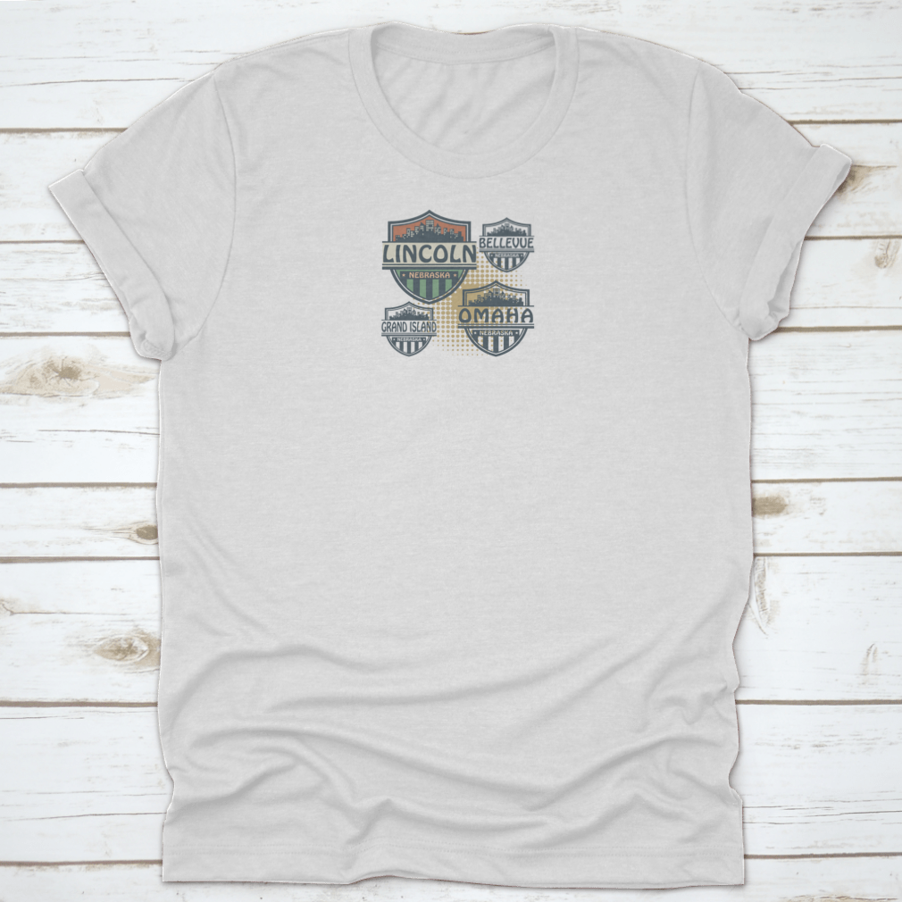 Nebraska Cities Label Set featuring Lincoln, Bellevue, Grand Island, and Omaha, showcasing high-quality cotton fabric and classic fit.