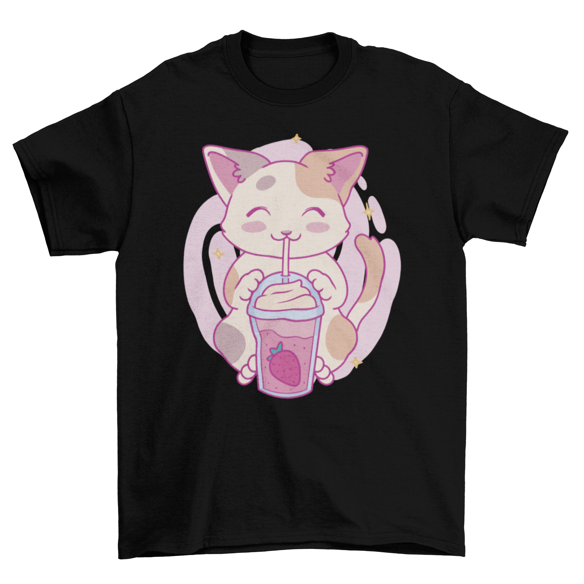 A cute Neko Cat character joyfully drinking a strawberry milkshake on a stylish t-shirt.