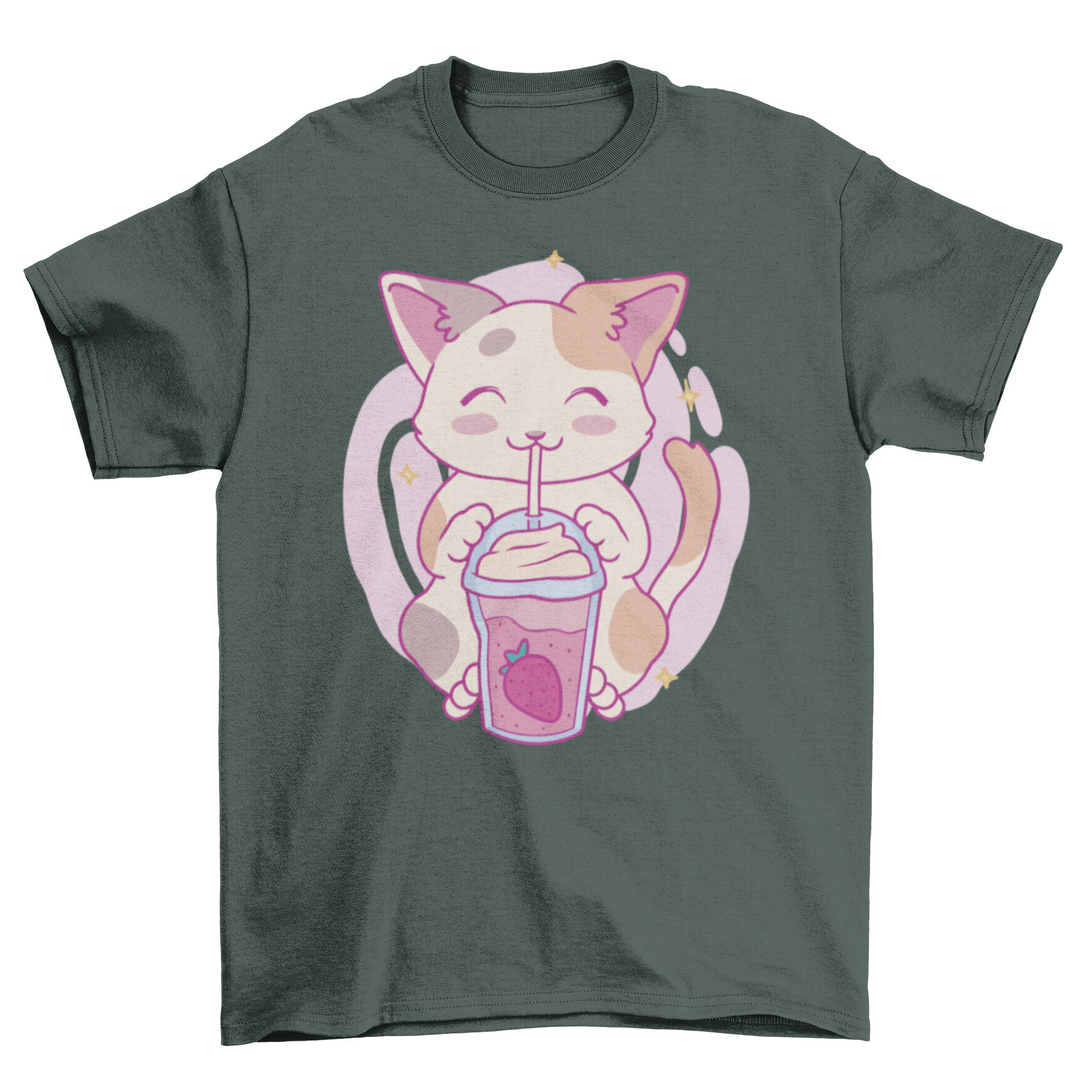 A cute Neko Cat character joyfully drinking a strawberry milkshake on a stylish t-shirt.