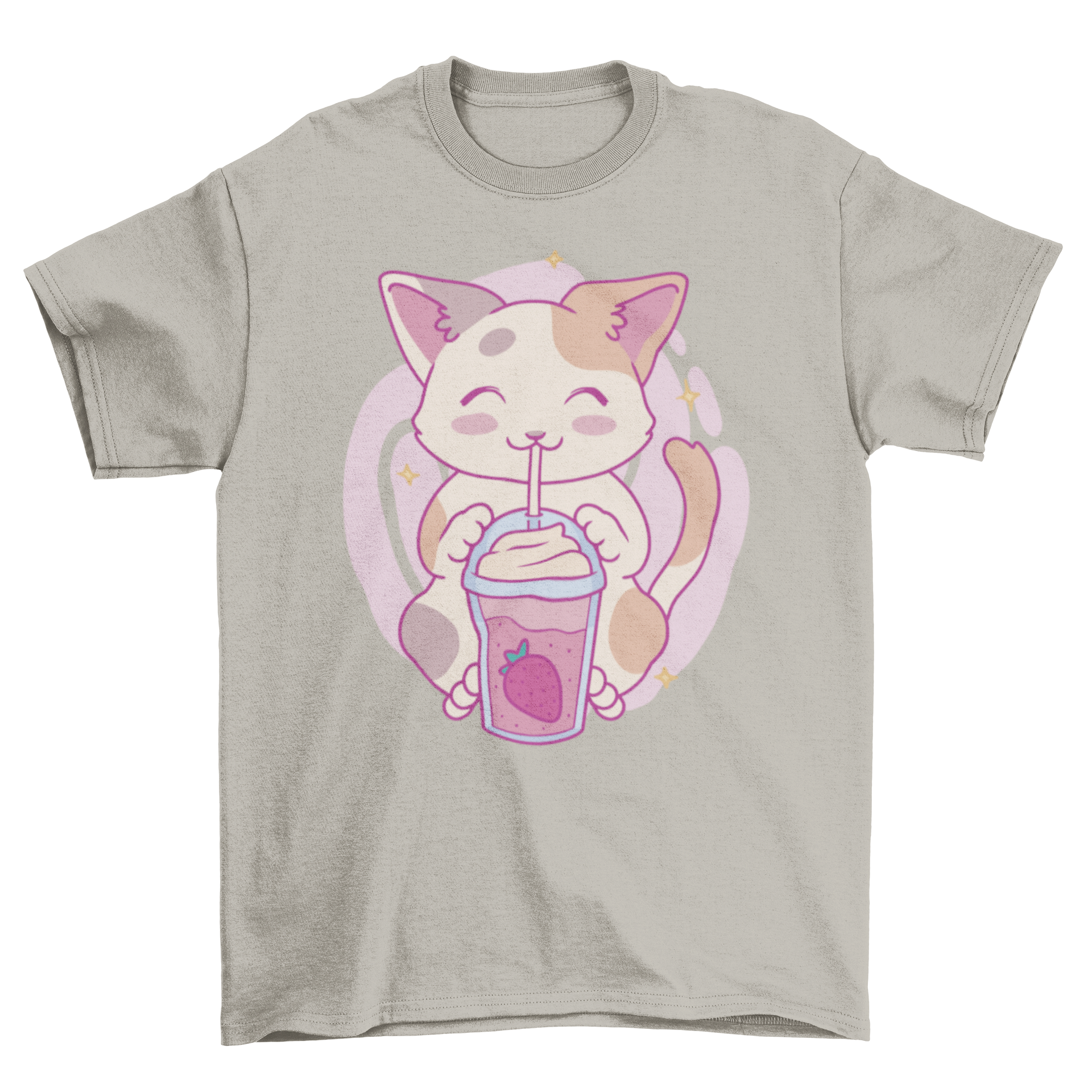 A cute Neko Cat character joyfully drinking a strawberry milkshake on a stylish t-shirt.