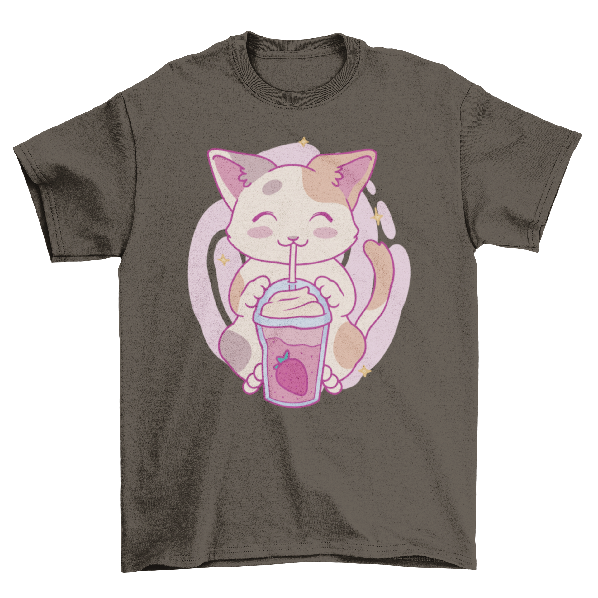 A cute Neko Cat character joyfully drinking a strawberry milkshake on a stylish t-shirt.