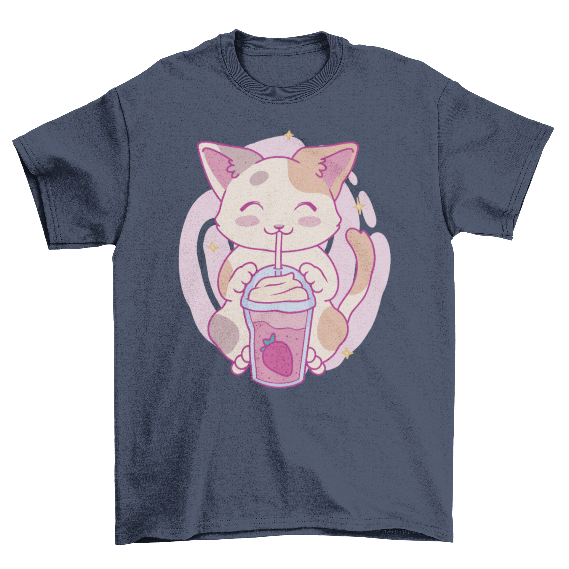 A cute Neko Cat character joyfully drinking a strawberry milkshake on a stylish t-shirt.