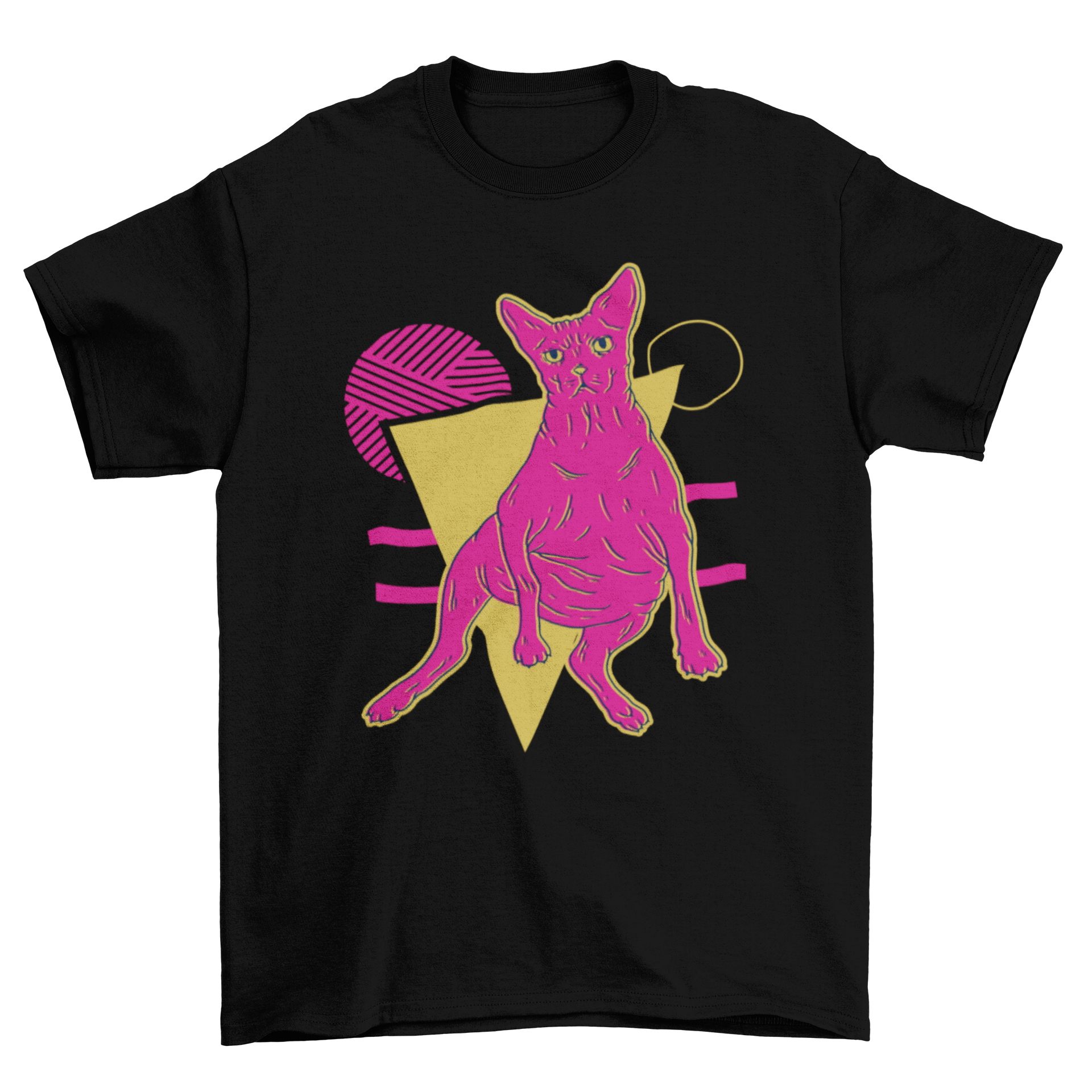 A vibrant neon illustration of a pink sphynx cat on a geometric abstract background, perfect for t-shirts and merchandise.