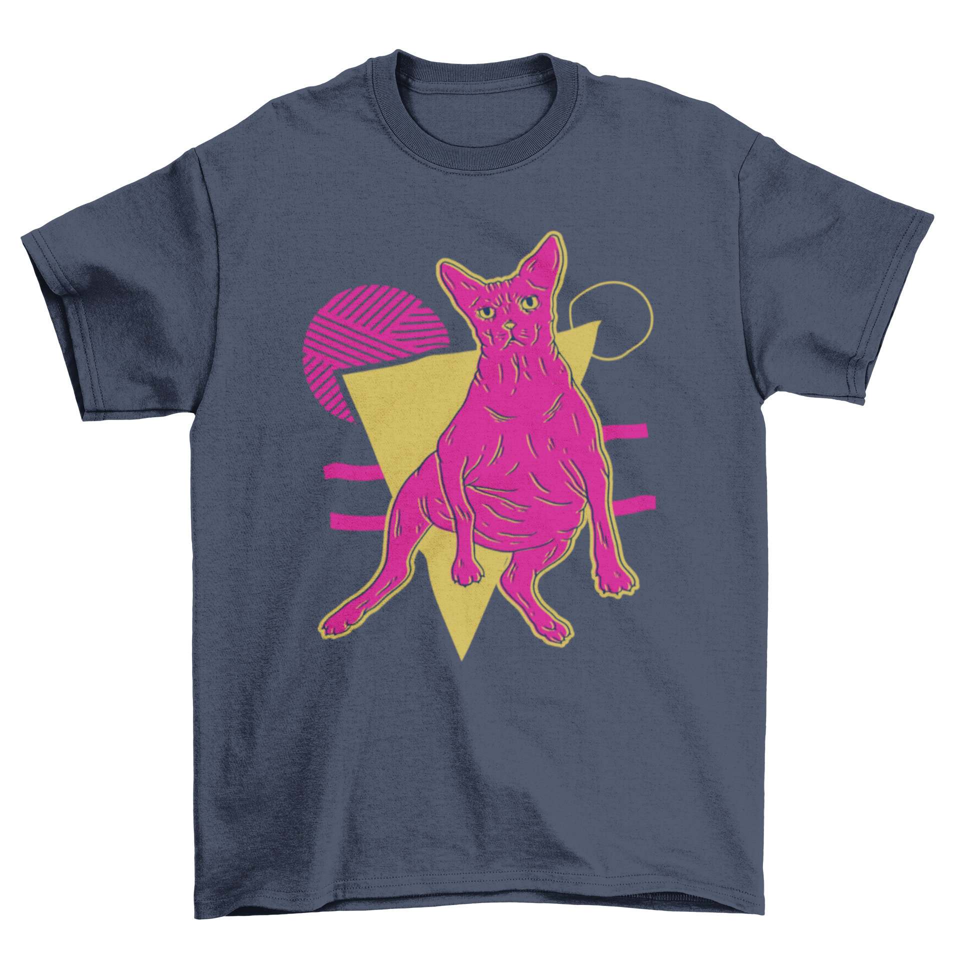 A vibrant neon illustration of a pink sphynx cat on a geometric abstract background, perfect for t-shirts and merchandise.