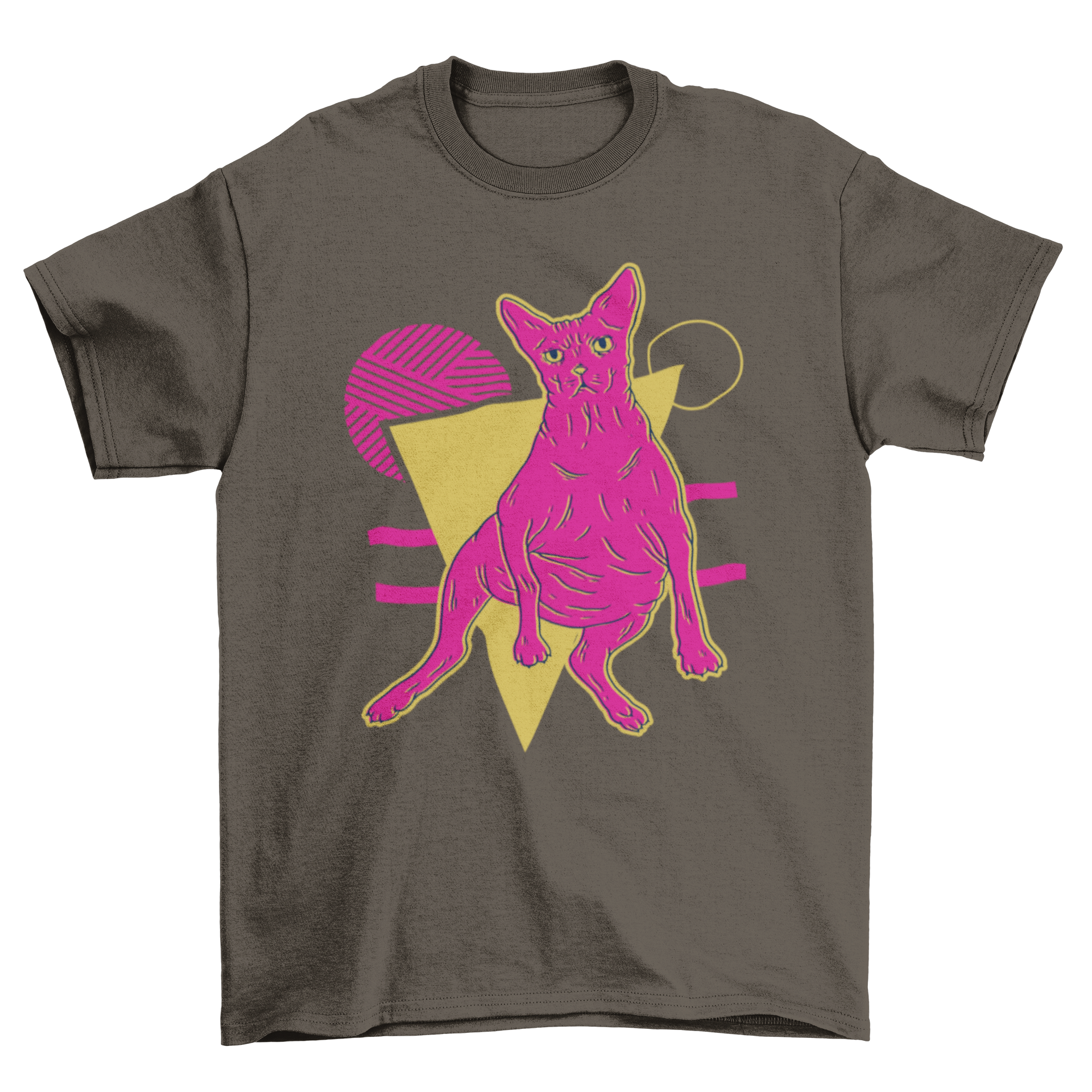 A vibrant neon illustration of a pink sphynx cat on a geometric abstract background, perfect for t-shirts and merchandise.