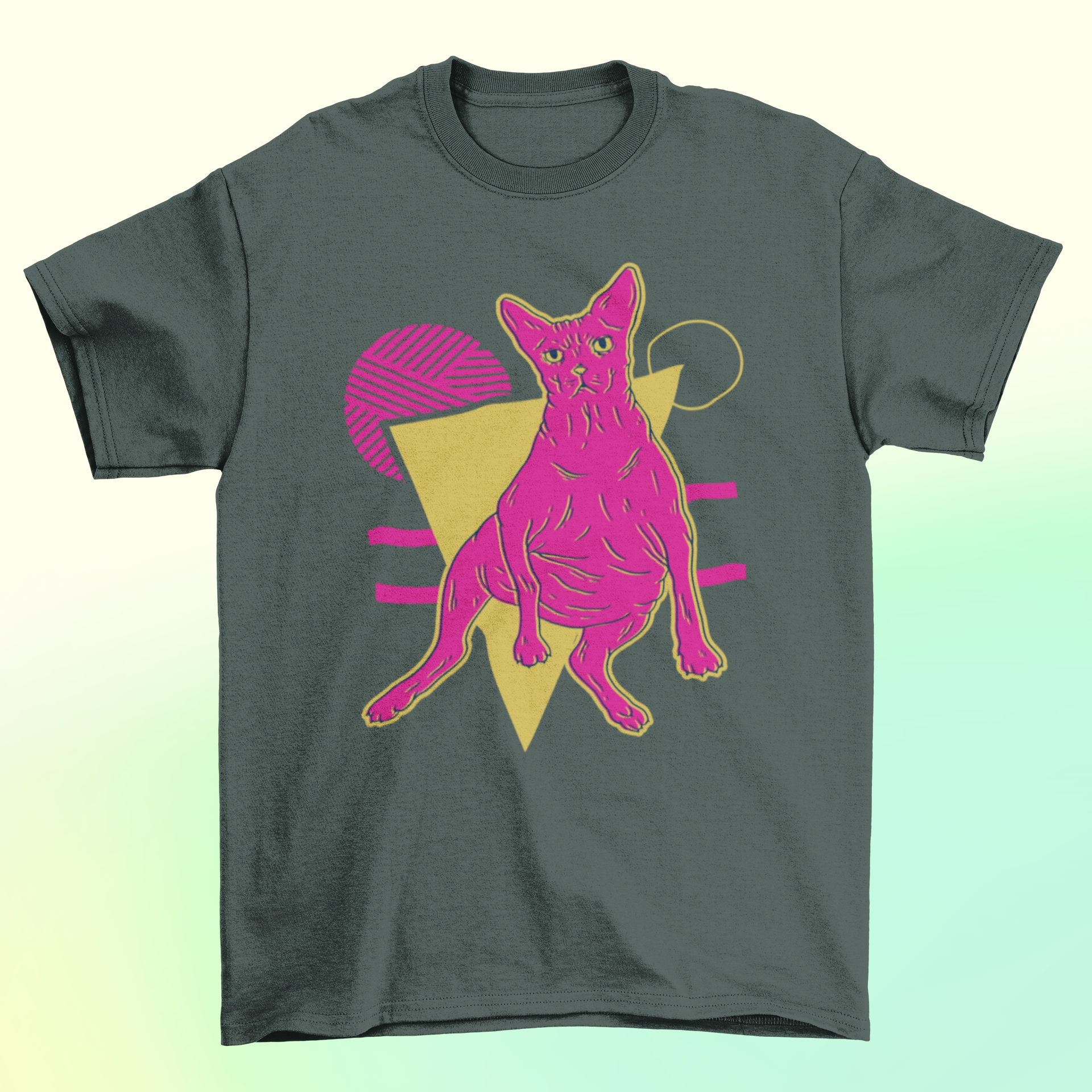 A vibrant neon illustration of a pink sphynx cat on a geometric abstract background, perfect for t-shirts and merchandise.