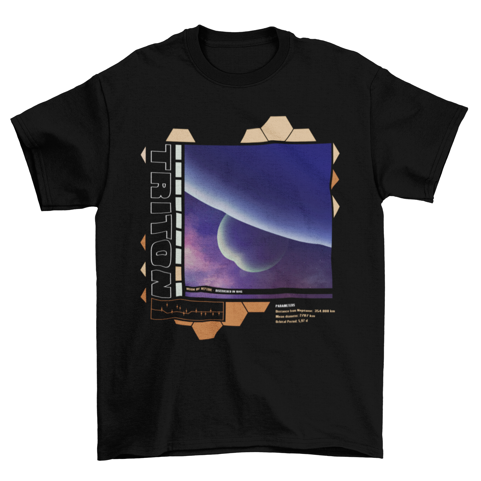 Neptune's moon Triton t-shirt featuring a detailed design and description.