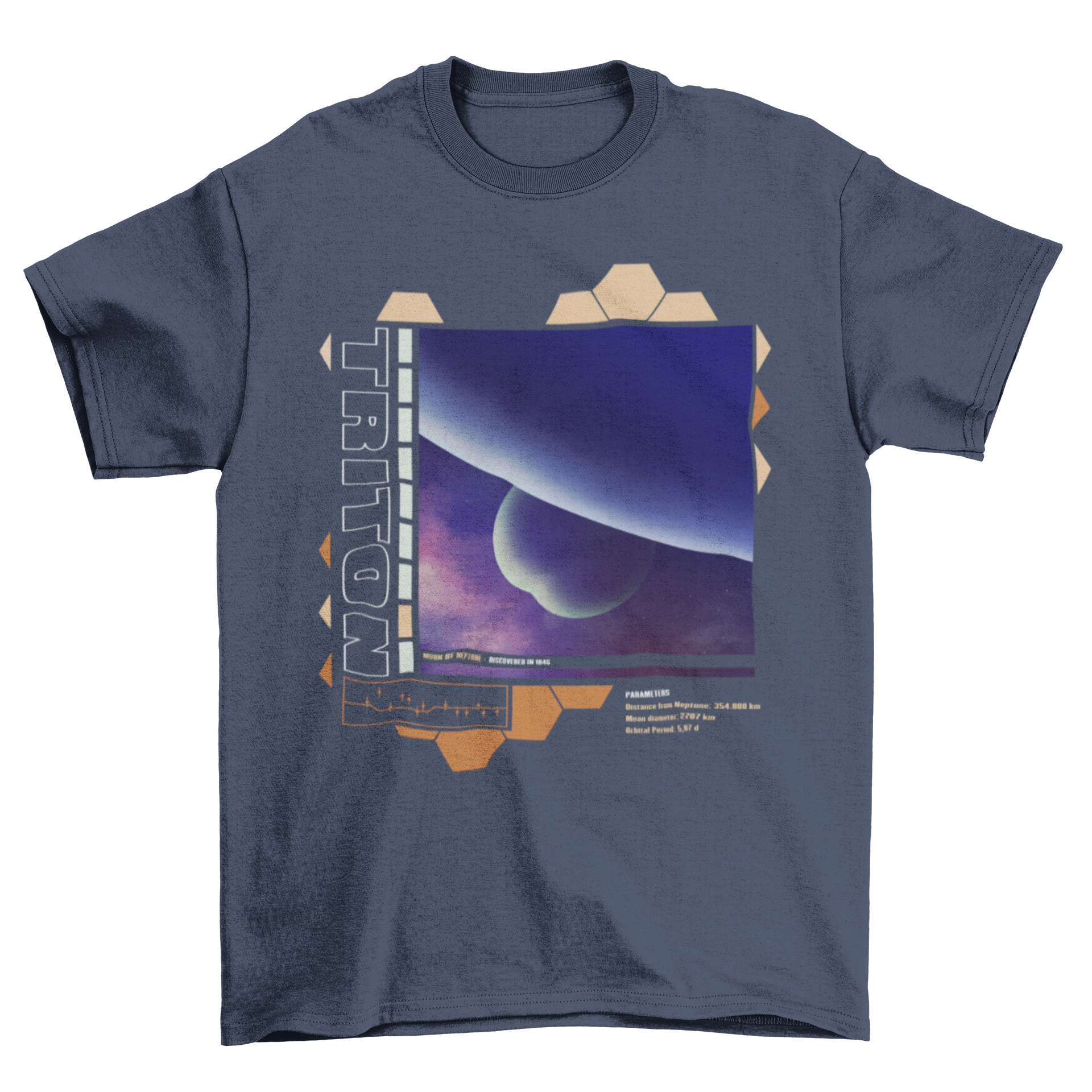 Neptune's moon Triton t-shirt featuring a detailed design and description.