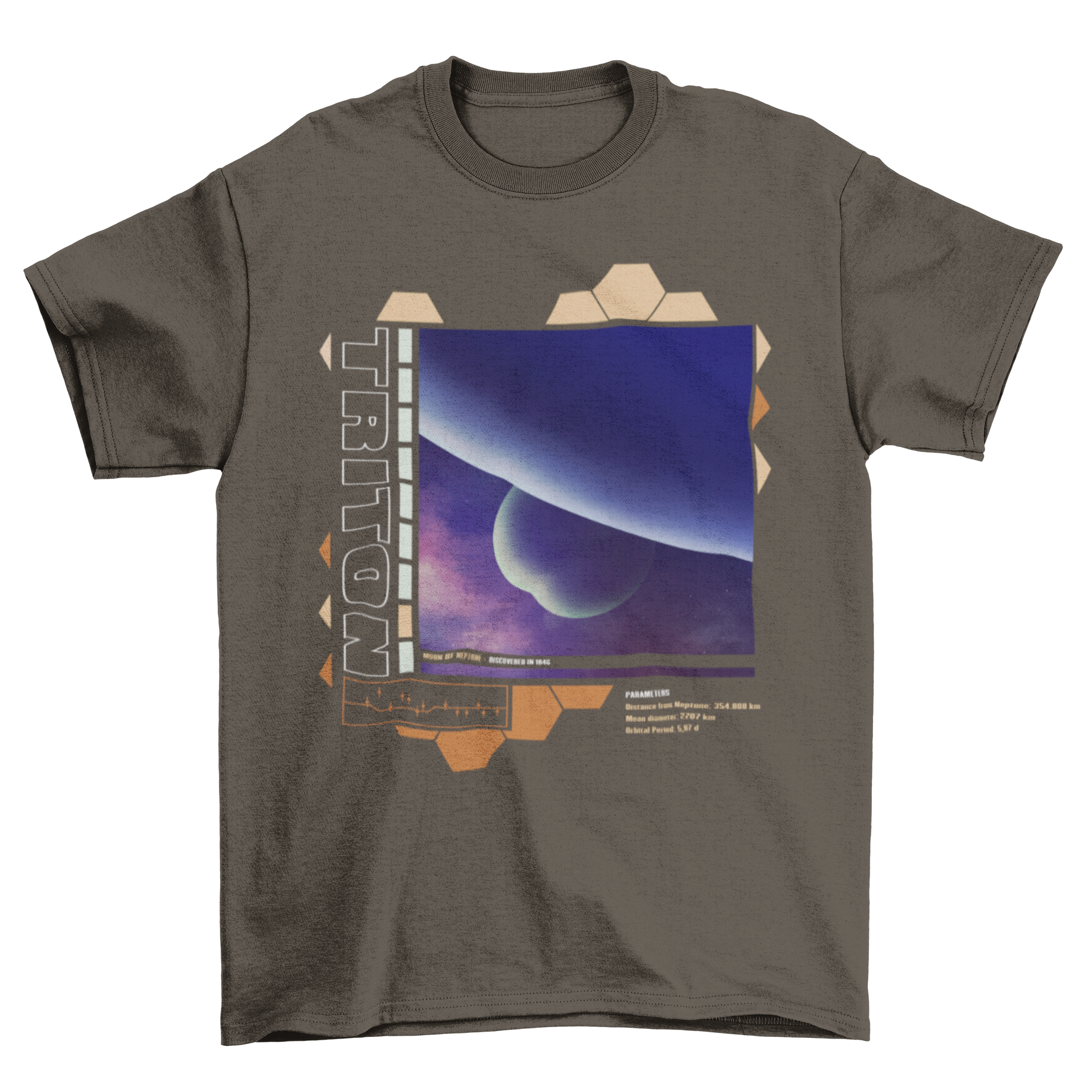 Neptune's moon Triton t-shirt featuring a detailed design and description.