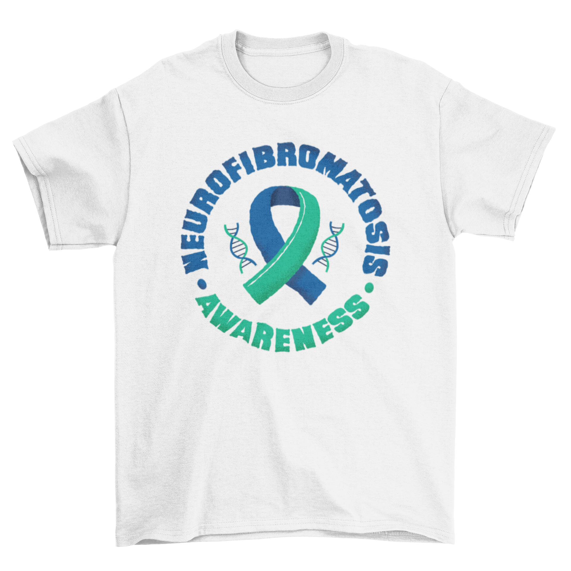 Neurofibromatosis Awareness T-shirt featuring a blue-green ribbon design in the center.