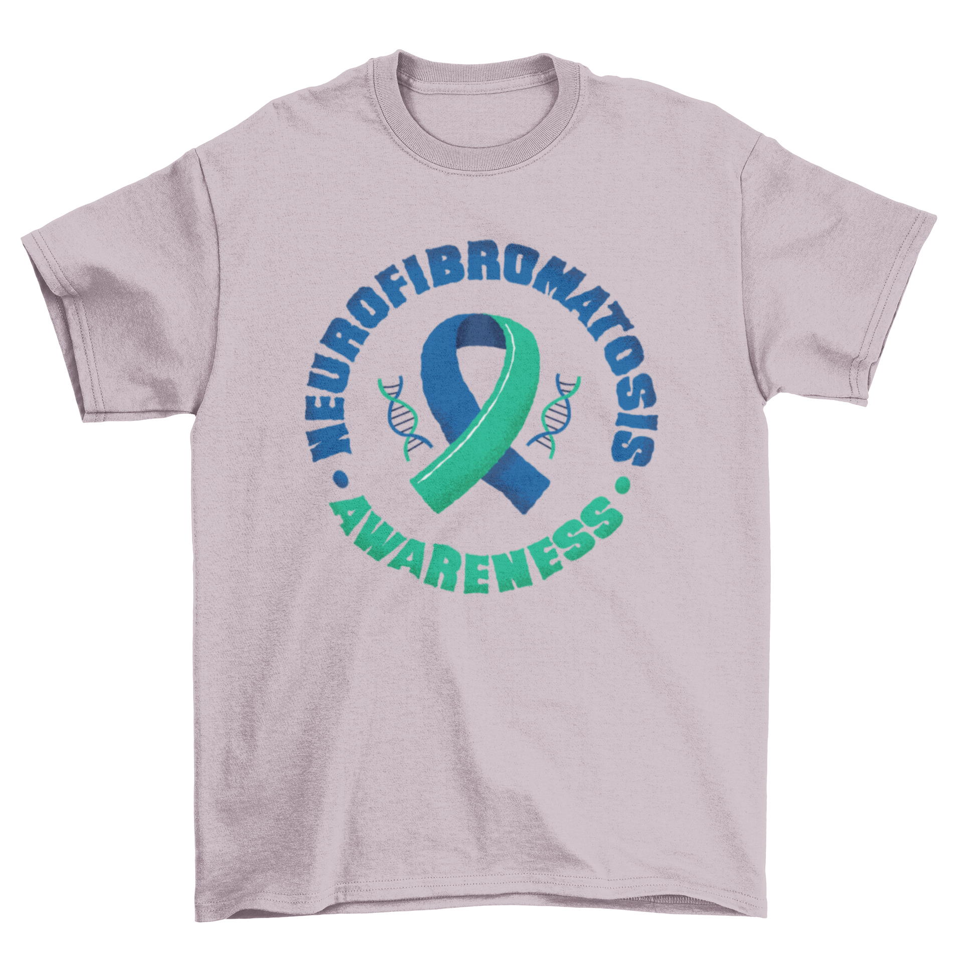 Neurofibromatosis Awareness T-shirt featuring a blue-green ribbon design in the center.