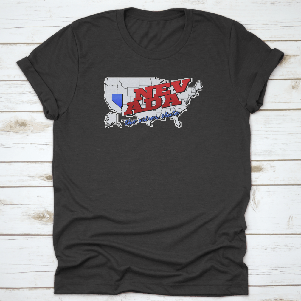 Nevada State t-shirt featuring the state on an American map with lettering, showcasing a stylish design in soft cotton fabric.