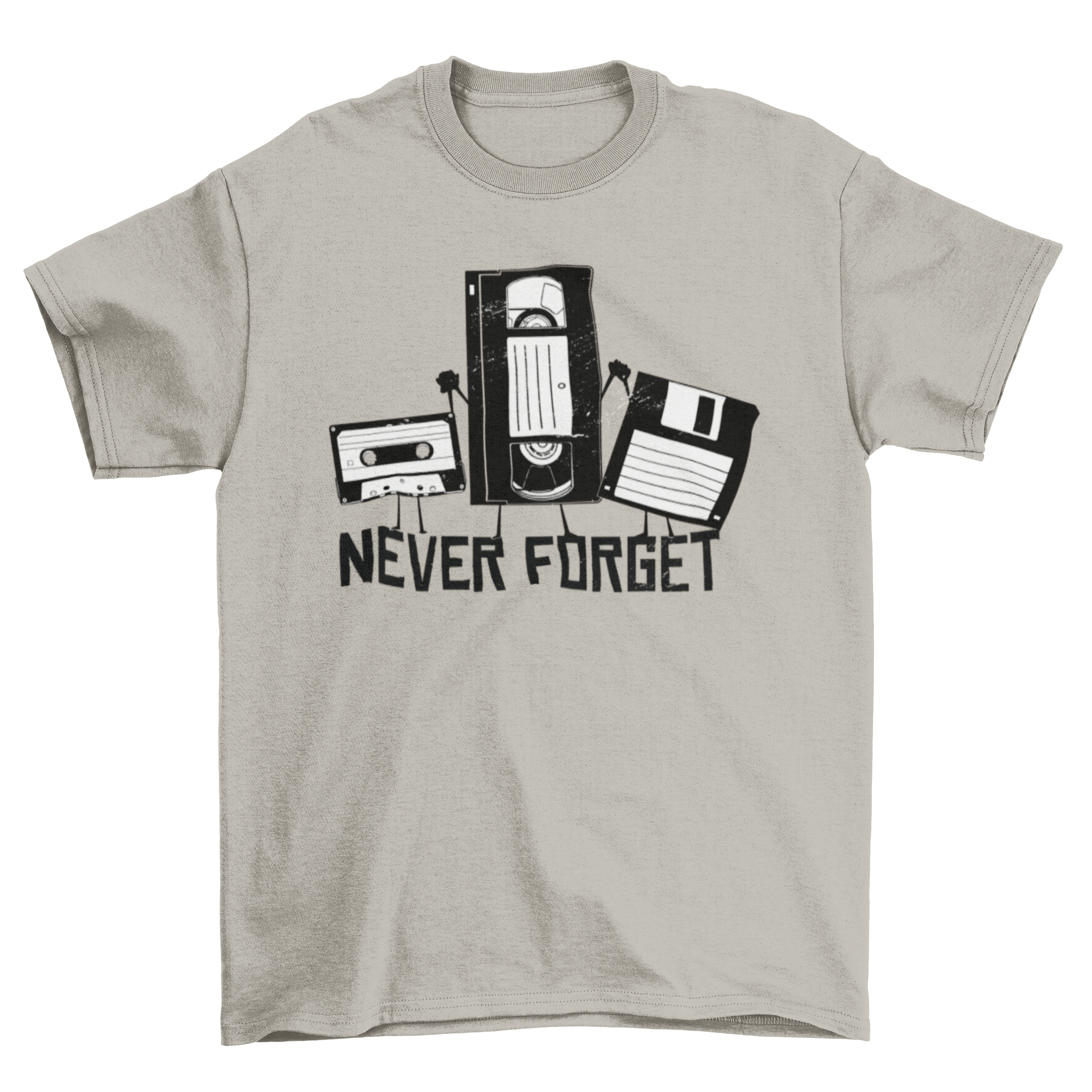 Never Forget Funny Tape T-shirt featuring cassette tape, video tape, and floppy disk graphics with the quote 'NEVER FORGET'.