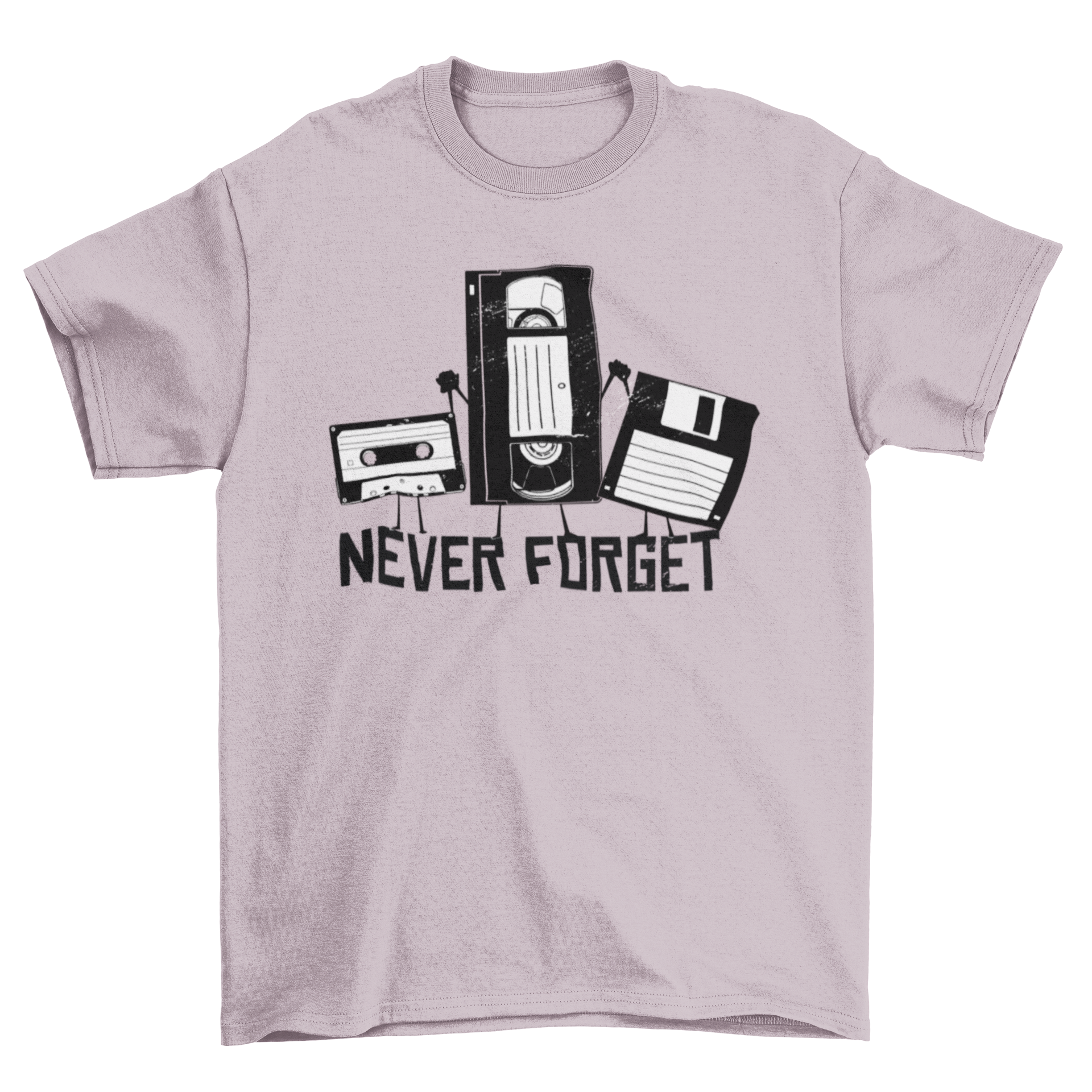 Never Forget Funny Tape T-shirt featuring cassette tape, video tape, and floppy disk graphics with the quote 'NEVER FORGET'.