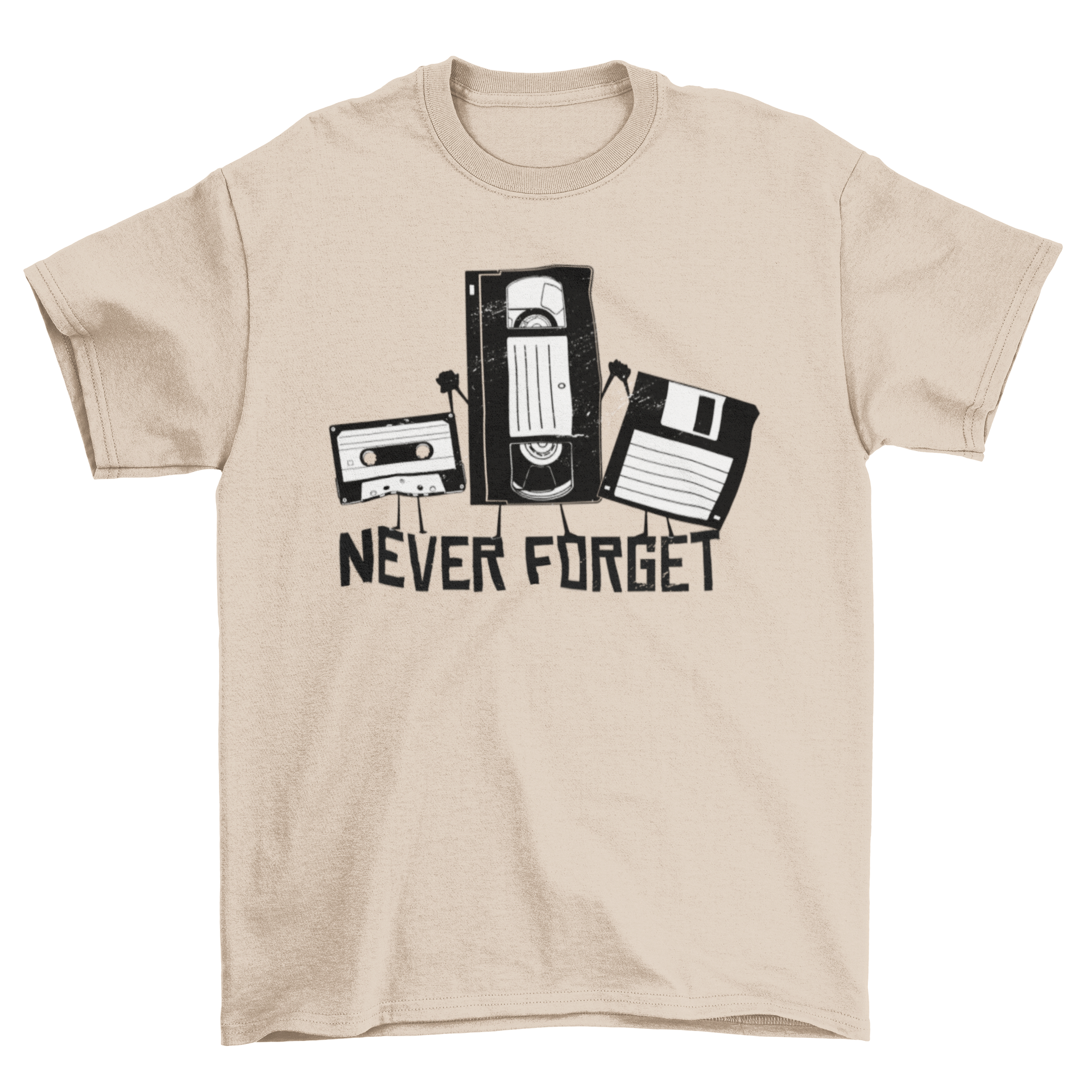 Never Forget Funny Tape T-shirt featuring cassette tape, video tape, and floppy disk graphics with the quote 'NEVER FORGET'.