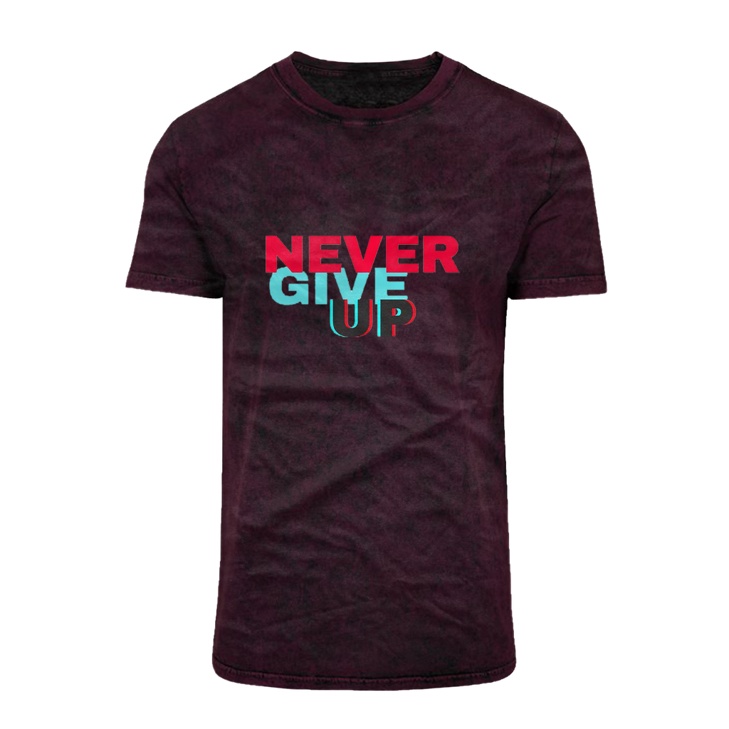 Never Give Up Acid Washed T-Shirt featuring a classic crew neck and unique batik-like acid wash pattern.