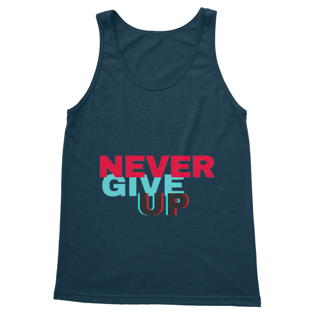 Never Give Up Classic Adult Vest Top in various colors, showcasing its unisex design and high-quality fabric.