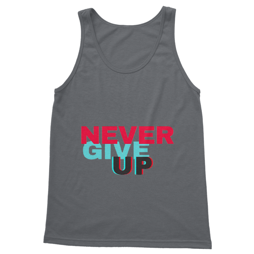 Never Give Up Classic Adult Vest Top in various colors, showcasing its unisex design and high-quality fabric.