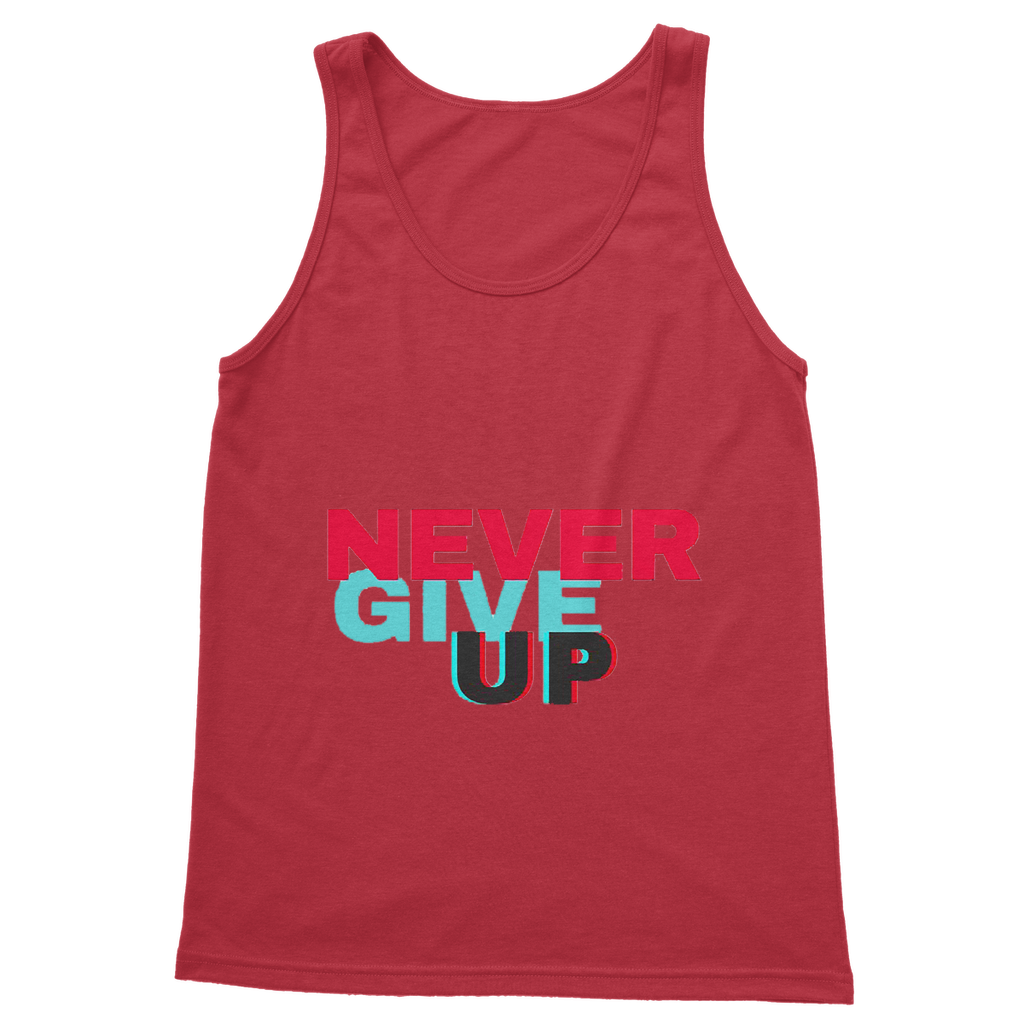 Never Give Up Classic Adult Vest Top in various colors, showcasing its unisex design and high-quality fabric.