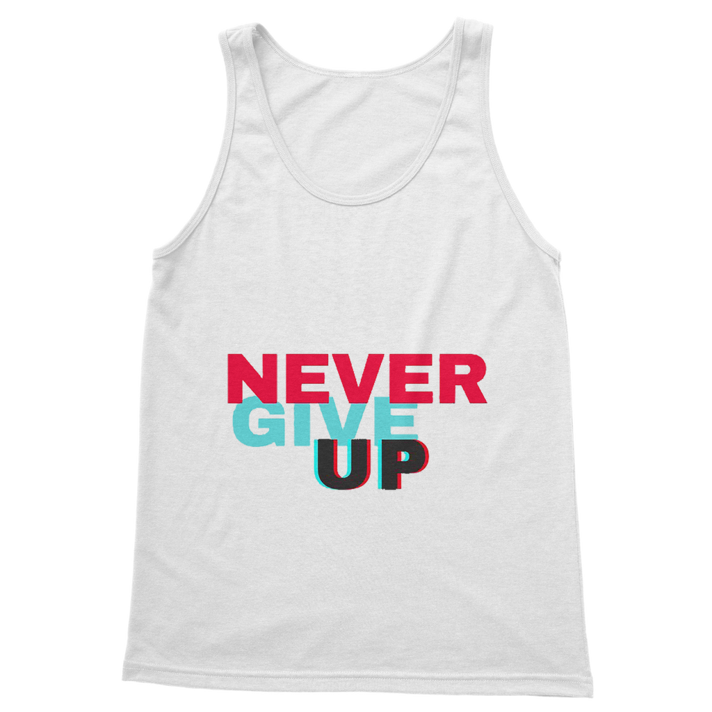 Never Give Up Classic Adult Vest Top in various colors, showcasing its unisex design and high-quality fabric.