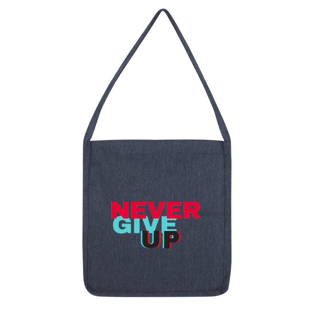 Never Give Up Classic Tote Bag made from recycled materials, featuring a spacious design and durable woven twill fabric.