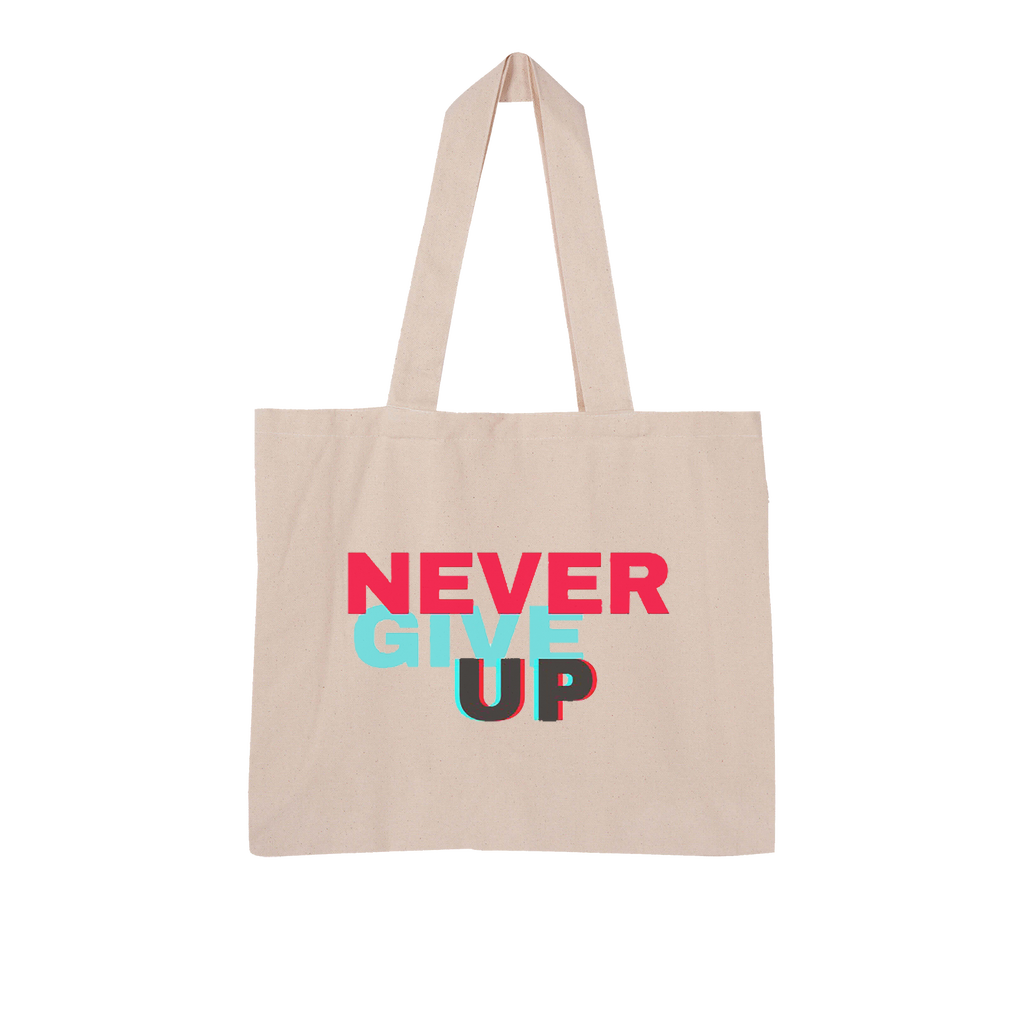 Never Give Up Large Organic Tote Bag made from 100% organic cotton, featuring internal pockets and eco-friendly packaging.