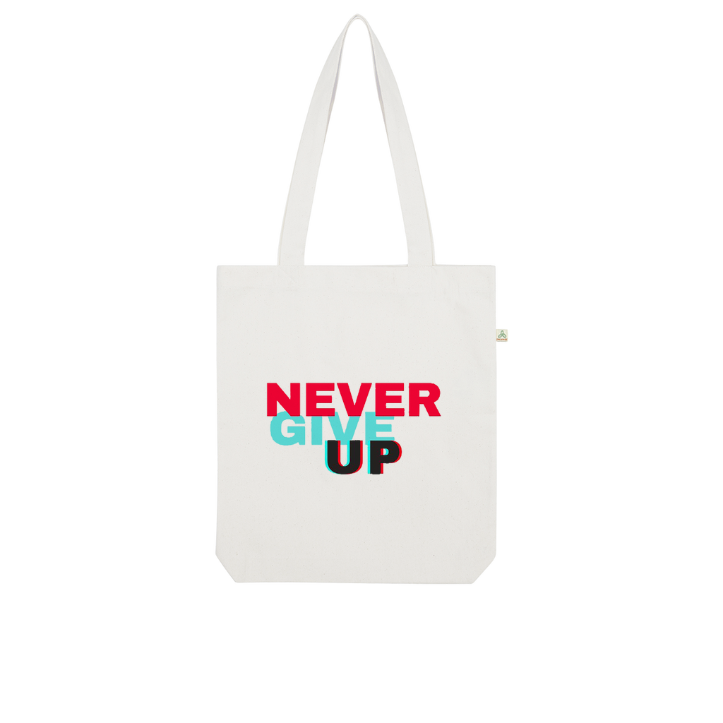 Never Give Up Organic Tote Bag made from 100% combed organic cotton, featuring a stylish design and eco-friendly packaging.