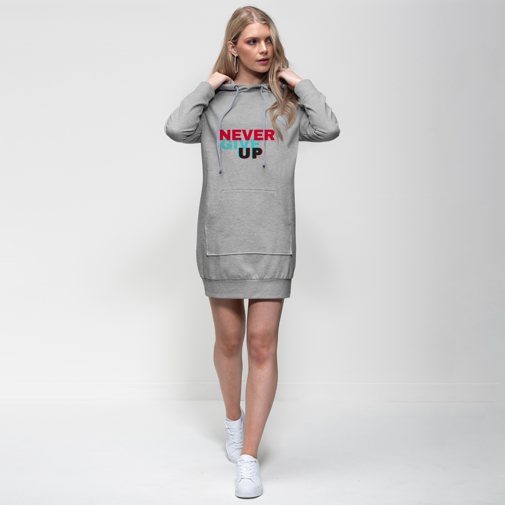 A stylish Never Give Up Premium Adult Hoodie Dress featuring a hood, kangaroo pocket, and ribbed sleeves, perfect for casual wear.