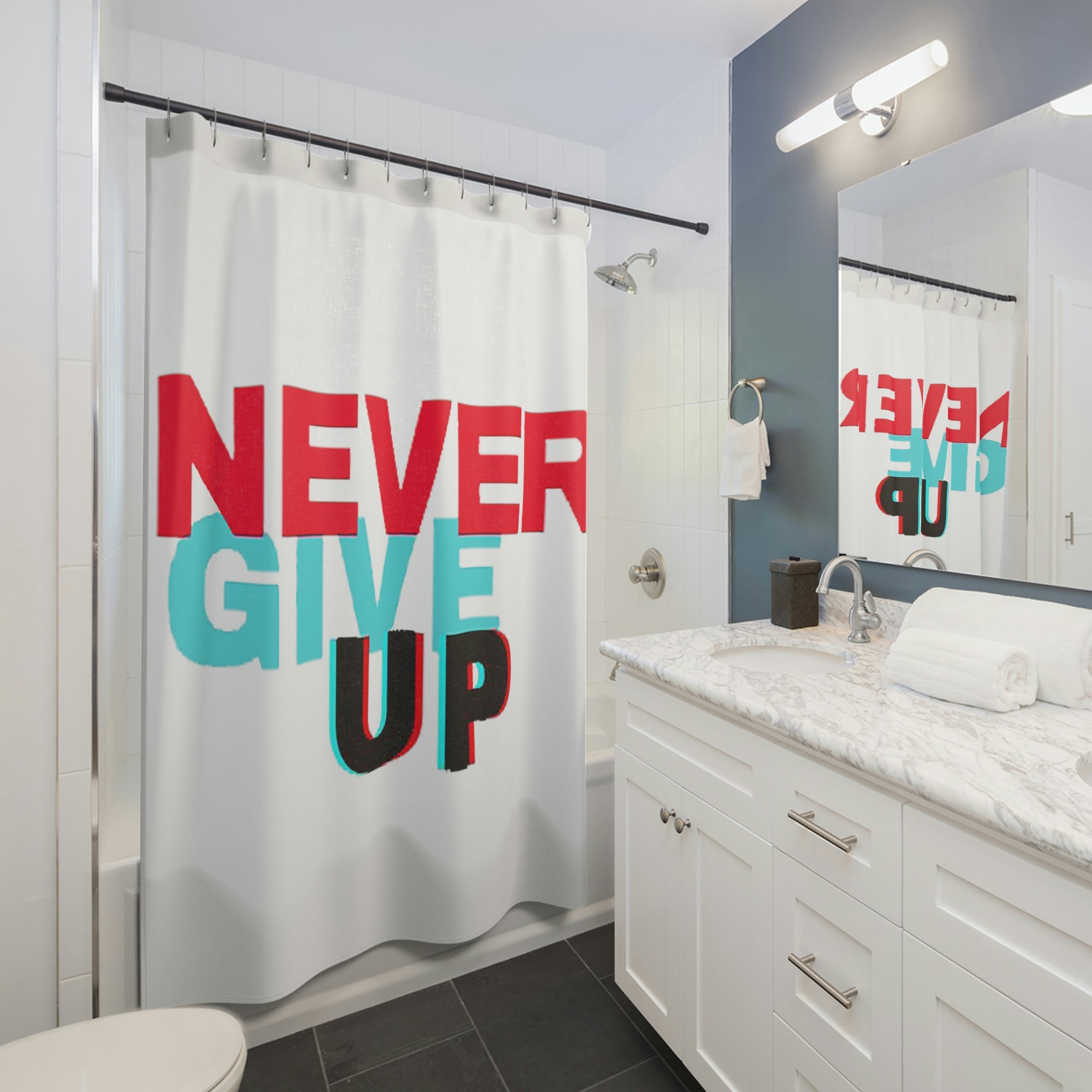Never Give Up Shower Curtain featuring vibrant designs on durable polyester fabric, perfect for adding a personal touch to any bathroom.