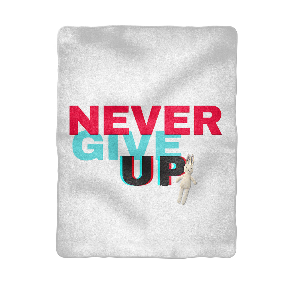 Never Give Up Sublimation Baby Blanket made of soft 100% polyester polar fleece, featuring a motivational design and white back.