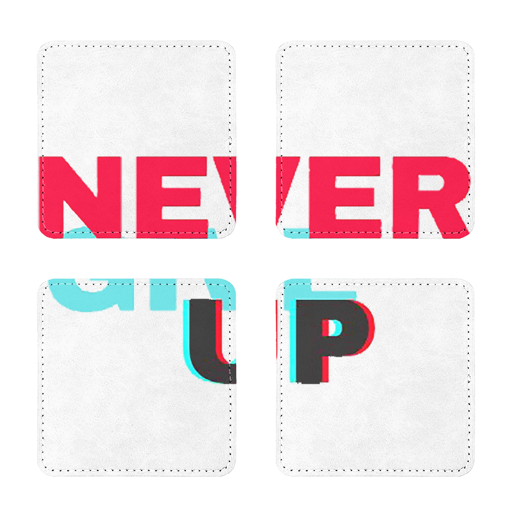 Pack of four PU leather coasters with white stitching, featuring square and round shapes, designed for sublimation printing.