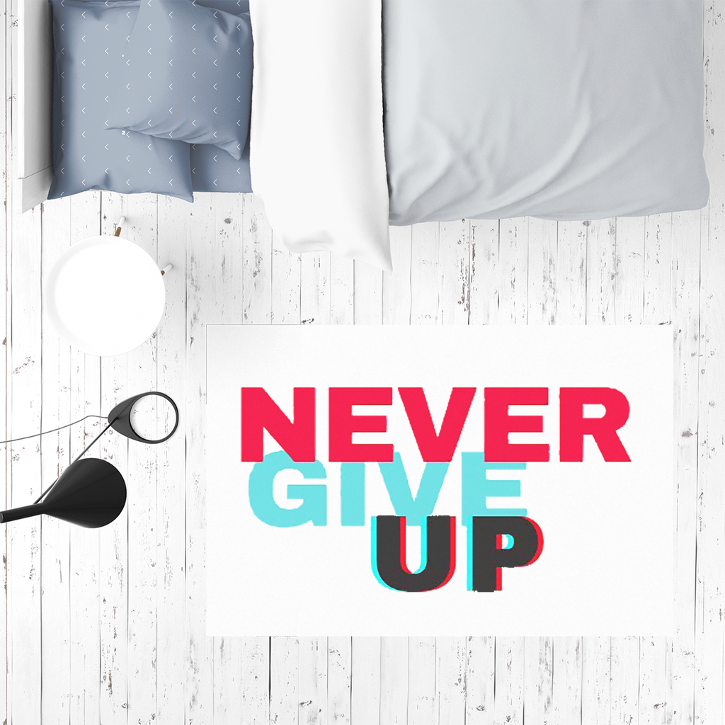 Never Give Up Sublimation Mat featuring a soft white polyester top and non-skid rubber base, ideal for play, picnics, and games.