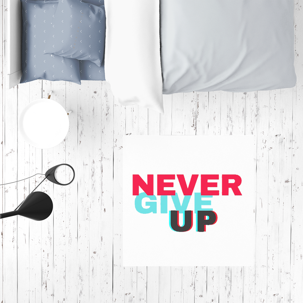 Never Give Up Sublimation Mat featuring a soft white polyester top and non-skid rubber base, ideal for play, picnics, and games.