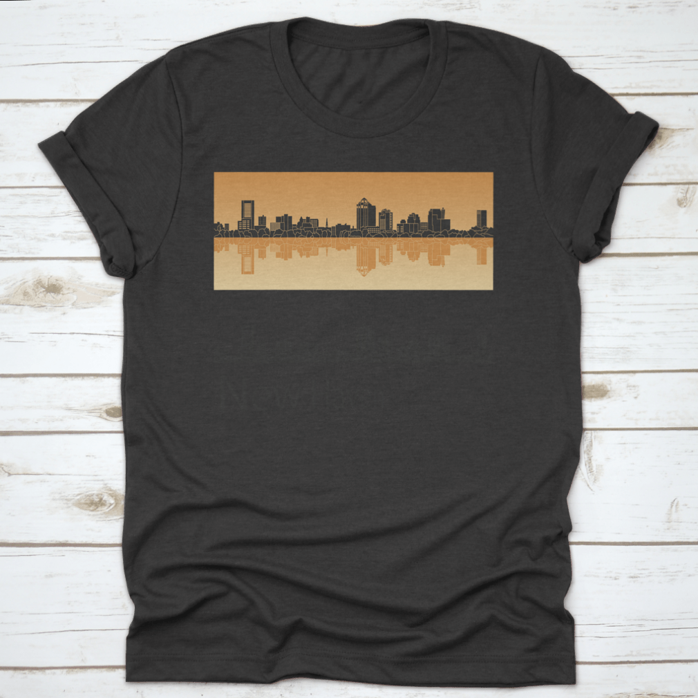 Vector illustration of New Haven skyline against a vibrant orange background, showcasing urban architecture and artistic design.