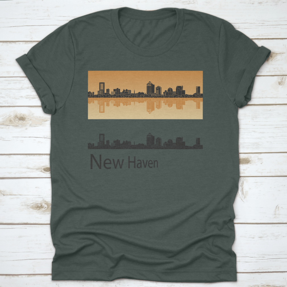 Vector illustration of New Haven skyline against a vibrant orange background, showcasing urban architecture and artistic design.