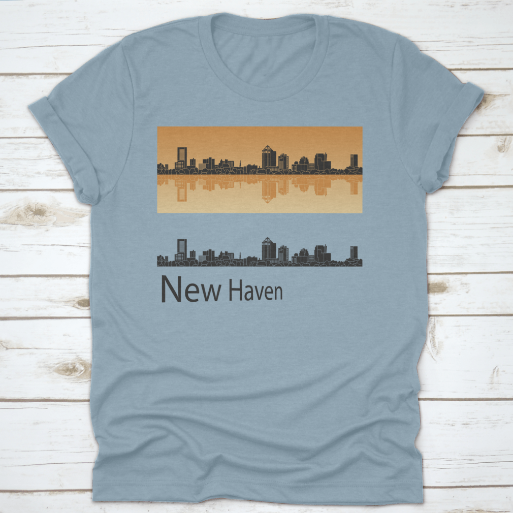 Vector illustration of New Haven skyline against a vibrant orange background, showcasing urban architecture and artistic design.