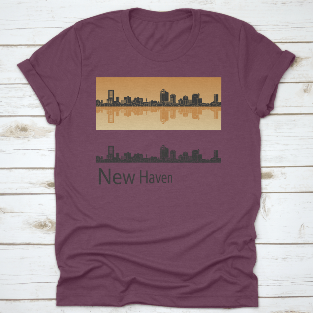 Vector illustration of New Haven skyline against a vibrant orange background, showcasing urban architecture and artistic design.