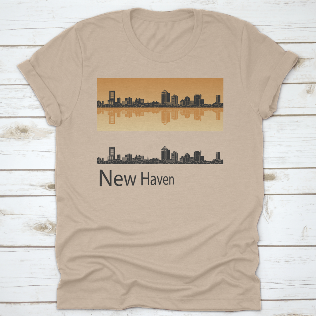 Vector illustration of New Haven skyline against a vibrant orange background, showcasing urban architecture and artistic design.