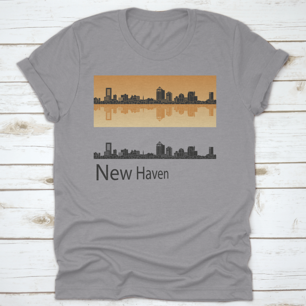 Vector illustration of New Haven skyline against a vibrant orange background, showcasing urban architecture and artistic design.
